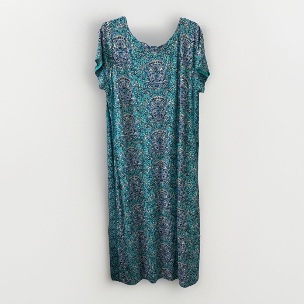 J.Jill Womens L Teal Paisley Maxi Dress Casual Boho Coastal Lounge Soft Stretch